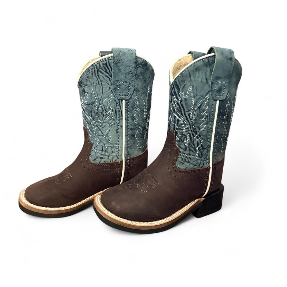 Old West Boots BS11884 Brown Blue Leather Cowboy Boots Embroidered Leaf Kids 5.5